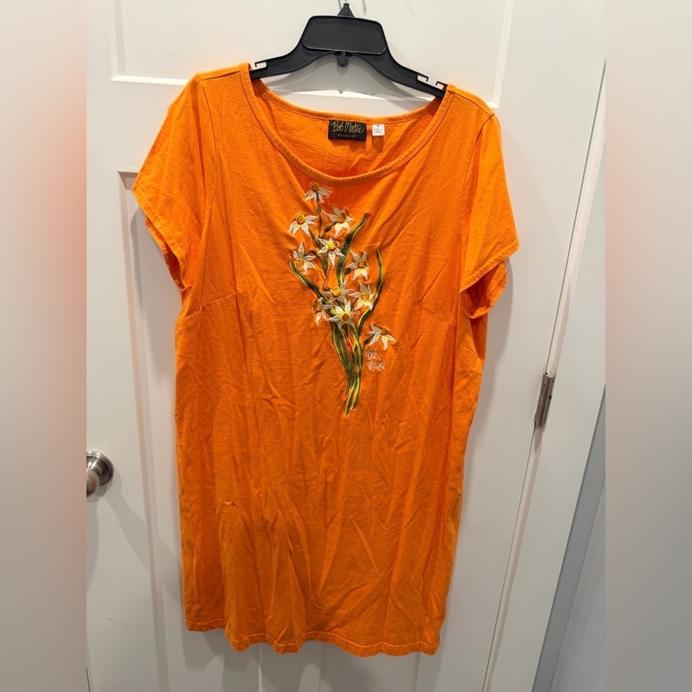 Bob Mackie Wearable Art Orange Embroidered Floral T-Shirt Dress Size 1X Cotton